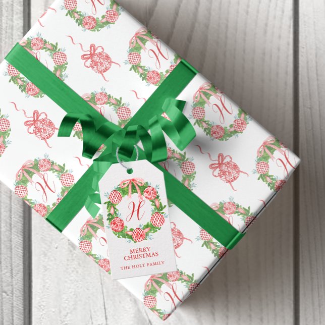 Étiquettes-cadeau Aquarelle Chinoiserie Wreath Monogramme Noël (Watercolor Chinoiserie Wreath Monogram Christmas Gift Tags)