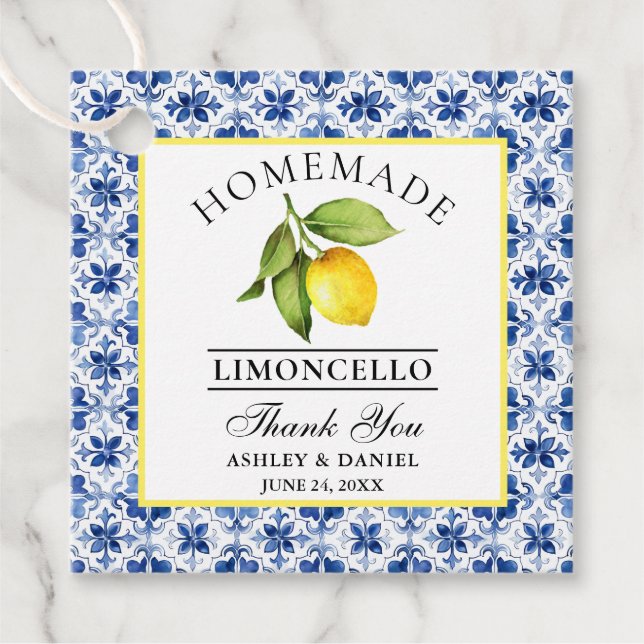 Étiquettes Cadeau Aquarelle Citron Carrelage bleu Limoncello Merci (Devant)