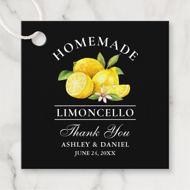 Étiquettes Cadeau Aquarelle Citrons Limoncello Merci Carré noir (Devant)