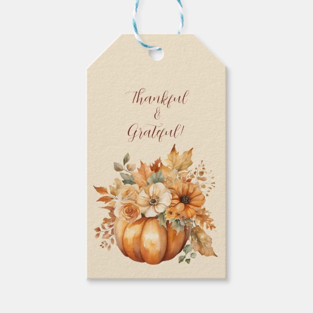 Étiquettes-cadeau Aquarelle Citrouille et fleurs-Gentil et gracieux (Devant)