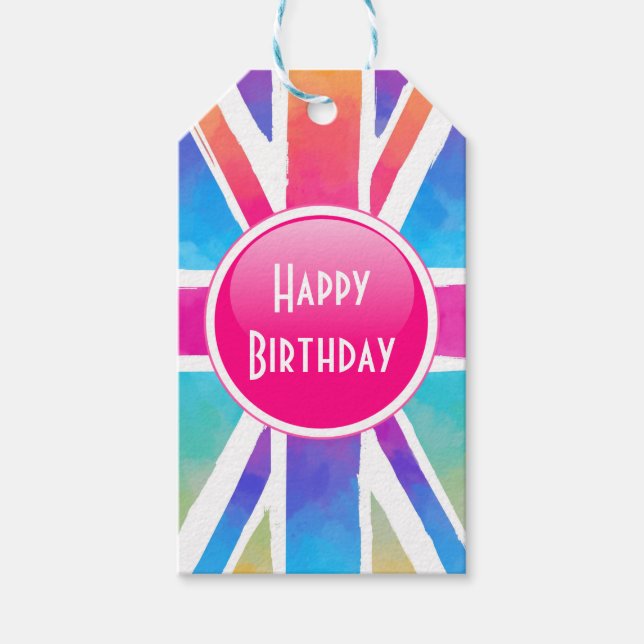 Étiquettes-cadeau Aquarelle claire Union Jack Drapeau Joyeux anniver (Devant)