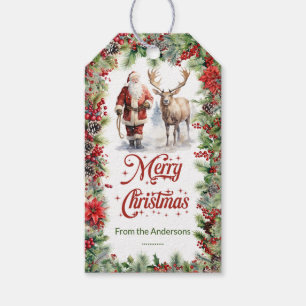 Étiquettes-cadeau Aquarelle classique Père Noël et fraises rouges