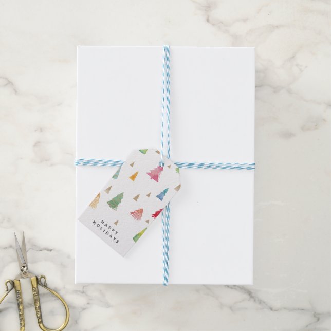 Étiquettes-cadeau Aquarelle Colorée Arbres de Noël (Avec de laficelle)