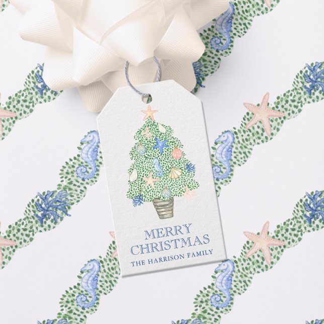 Étiquettes-cadeau Aquarelle Côtier Arbre de Noël (Créateur téléchargé)