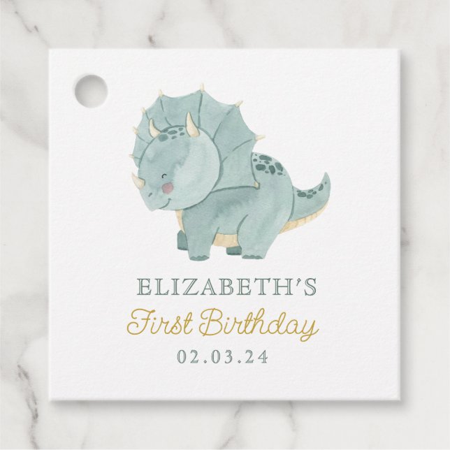 Étiquettes Cadeau Aquarelle Cute Dino Anniversaire (Devant)