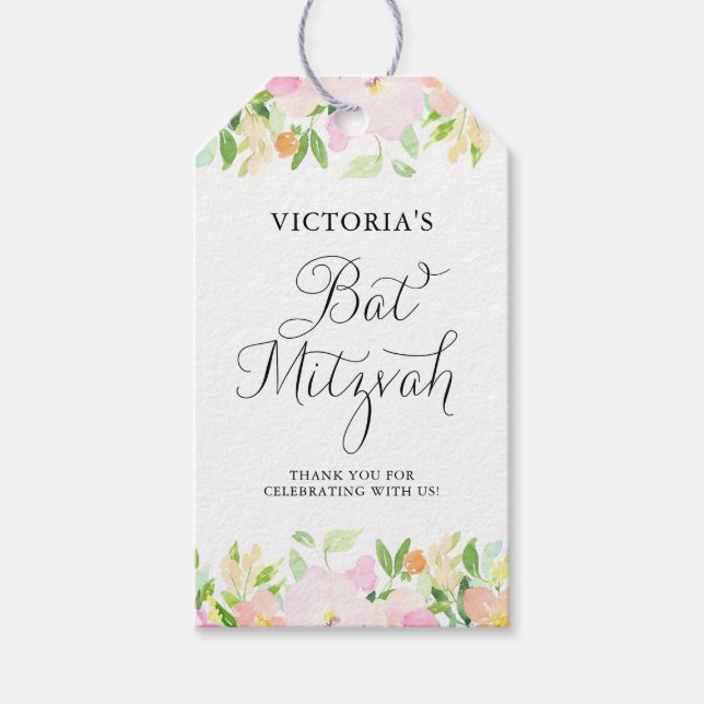 Étiquettes-cadeau Aquarelle Dainty Bat mitzvah Floral Merci (Devant)