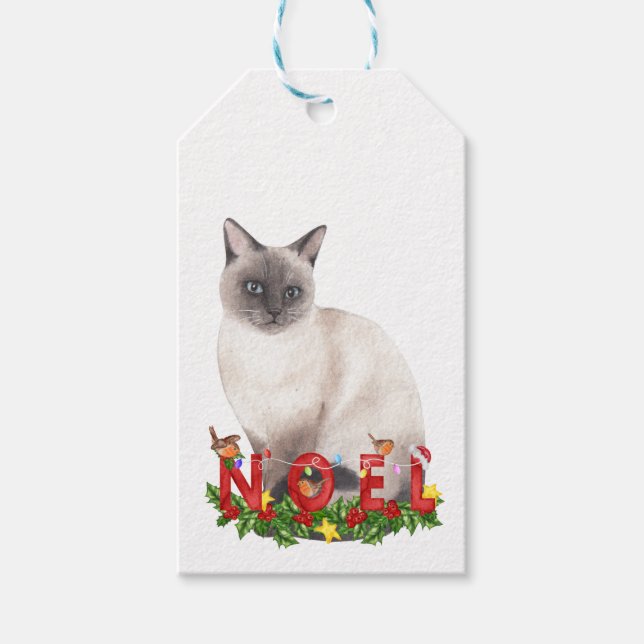 Étiquettes-cadeau Aquarelle de chat siamois de Noël (Devant)