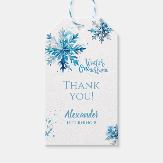 Étiquettes-cadeau Aquarelle de flocon de neige bleu hiver ONEderland (Devant)