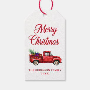 Étiquettes-cadeau Aquarelle de Noël Camion Rouge Arbre Cadeaux Lumiè