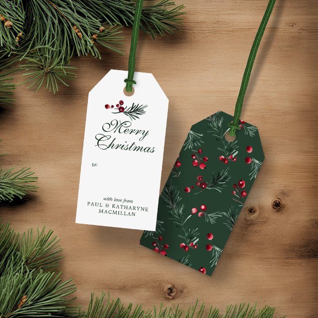 Étiquettes-cadeau Aquarelle de Noël moderne élégant Forêt verte (Modern Elegant Christmas Watercolor Forest Green Gift Tags)