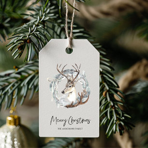 Étiquettes-cadeau Aquarelle d'hiver Deer Wreath Noël
