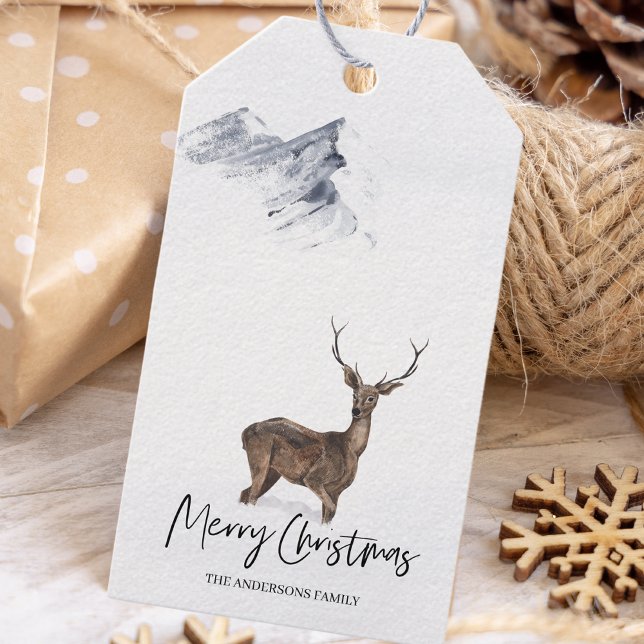 Étiquettes-cadeau Aquarelle d'hiver Noël aux cerfs (Créateur téléchargé)