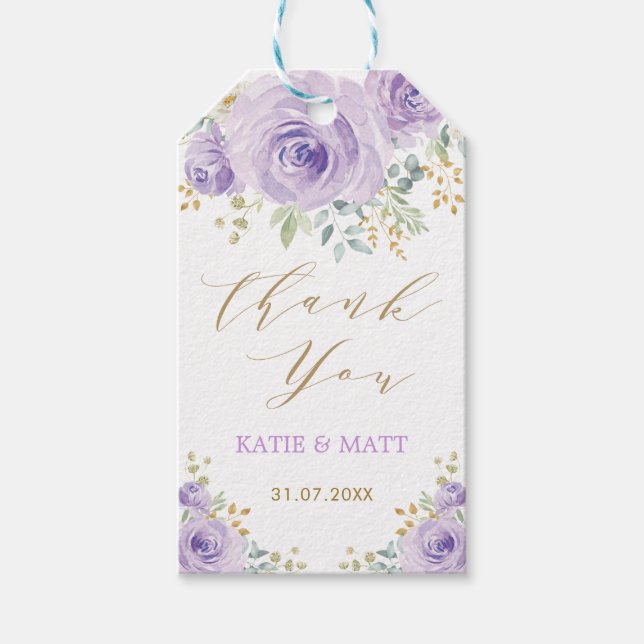 Étiquettes-cadeau Aquarelle d'or violet Floral Mariage Faveurs (Devant)