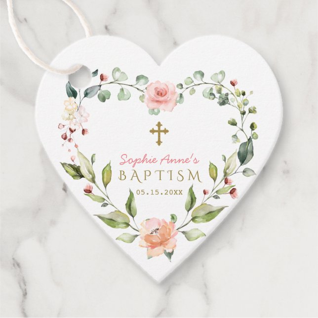 Étiquettes Cadeau Aquarelle élégante Fleurs roses Croix d'or Baptême (Devant)