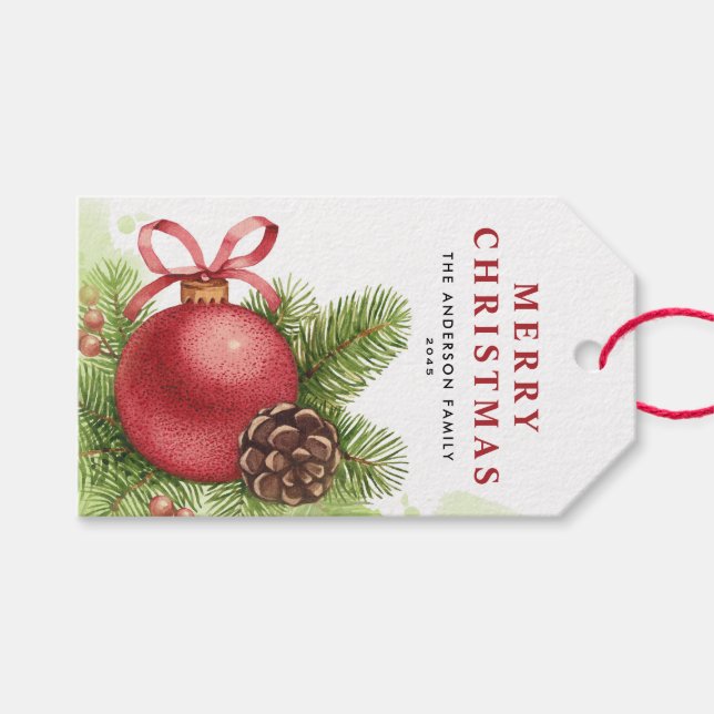 Étiquettes-cadeau Aquarelle Festif Boule Rouge Ornament Noël (Devant (Horizontal))