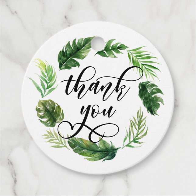 Étiquettes Cadeau Aquarelle Feuilles tropicaux Merci de couronne (Devant)