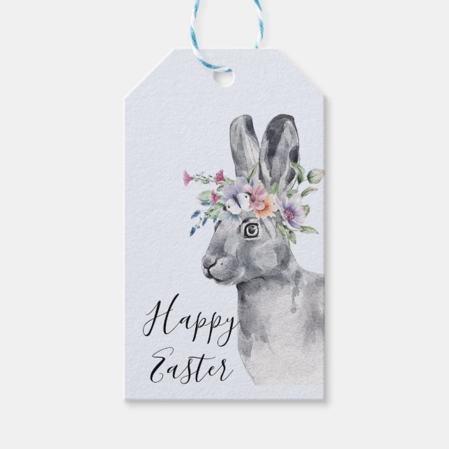 Étiquettes-cadeau Aquarelle Fleur Couronne Bunny Pâques (Devant)