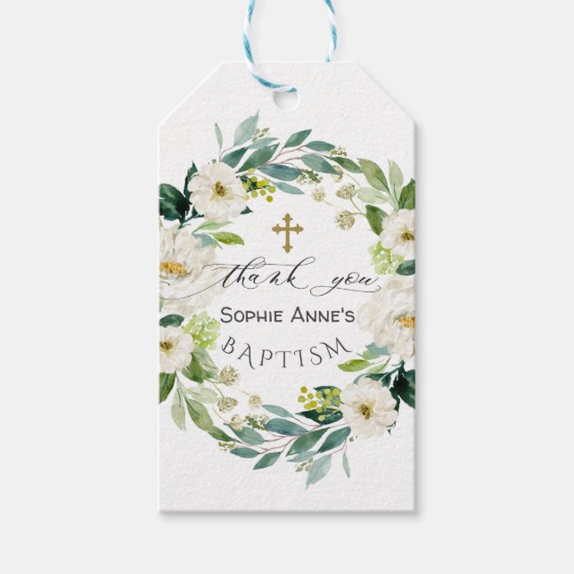 Étiquettes-cadeau Aquarelle Fleurs blanches Wreath Cross Baptism (Devant)