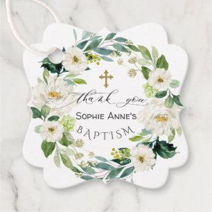 Étiquettes Cadeau Aquarelle Fleurs blanches Wreath Cross Baptism