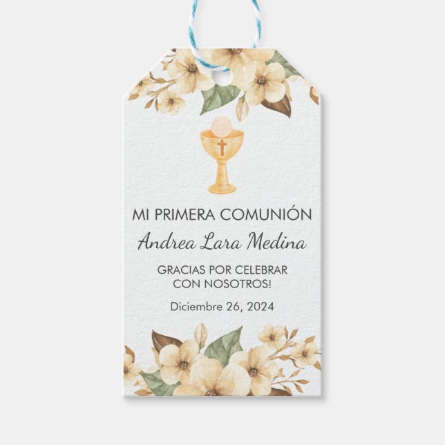 Étiquettes-cadeau Aquarelle Fleurs Jaunes Jolies Primera Comunion (Devant)