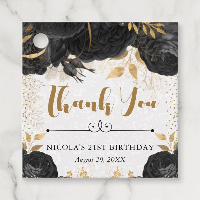 Étiquettes Cadeau Aquarelle Fleurs noires et or Anniversaire (Devant)