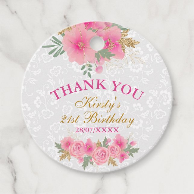 Étiquettes Cadeau Aquarelle Fleurs roses Gold Foil Anniversaire (Devant)