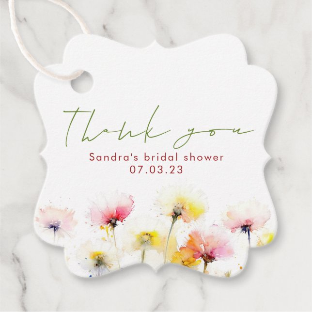 Étiquettes Cadeau Aquarelle Fleurs sauvages Élégant Merci de mariage (Devant)