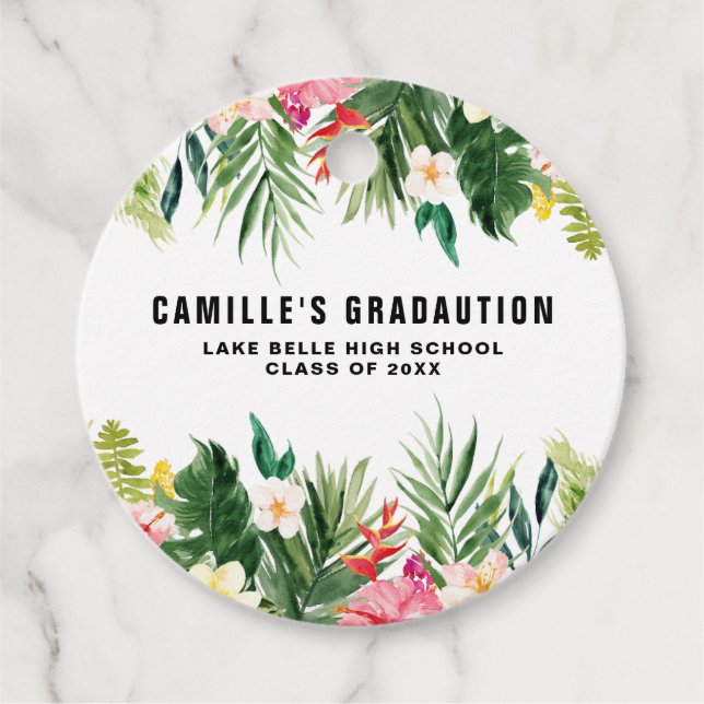 Étiquettes Cadeau Aquarelle Fleurs tropicales et verdure Graduation (Devant)