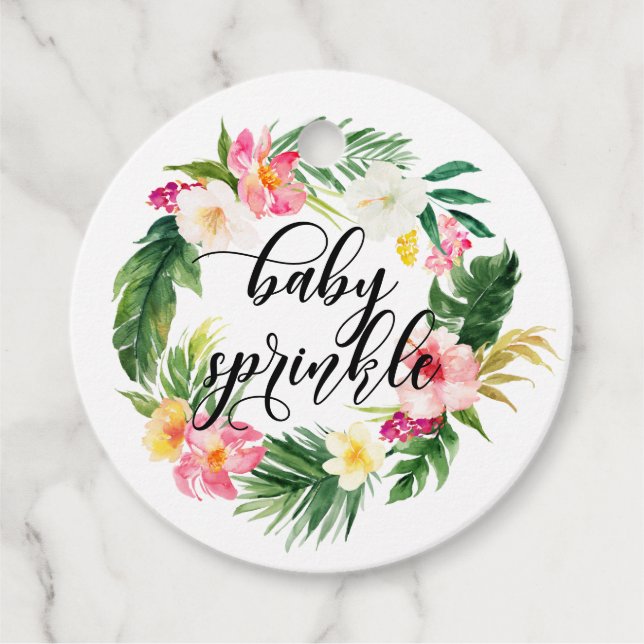 Étiquettes Cadeau Aquarelle Fleurs tropicales Wreath Baby Sprinkel (Devant)