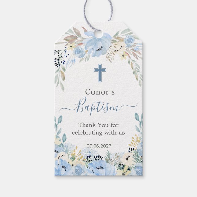 Étiquettes-cadeau Aquarelle Floral Baptême bleu Merci Cadeau (Devant)