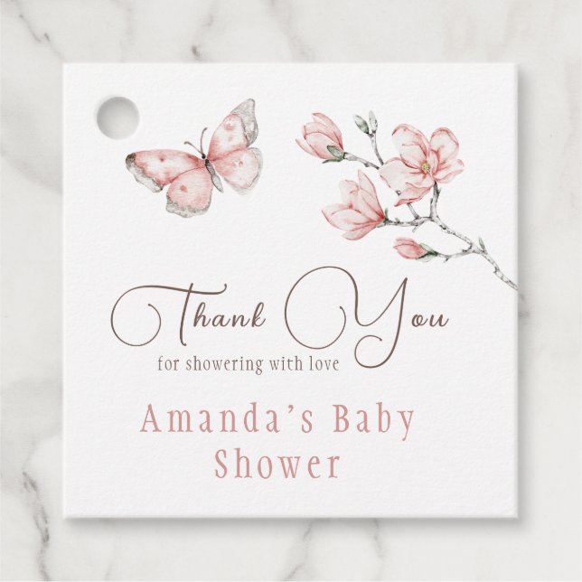 Étiquettes Cadeau Aquarelle Floral Blush Baby shower papillon rose (Devant)