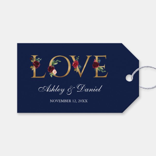 Étiquettes-cadeau Aquarelle Floral Bourgogne Bleu Mariage d'amour or (Devant (Horizontal))