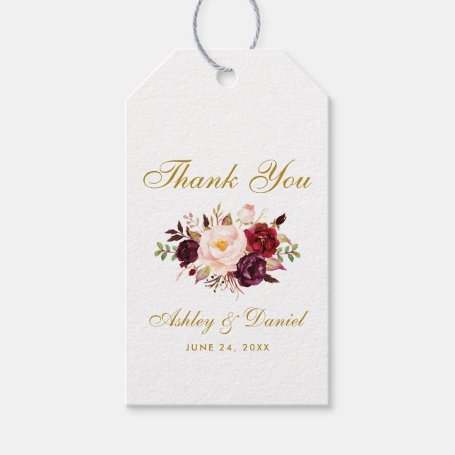 Étiquettes-cadeau Aquarelle Floral Bourgogne Gold Mariage Merci (Devant)