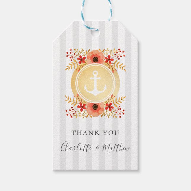 Étiquettes-cadeau Aquarelle Floral or Ancre Merci Mariage (Devant)