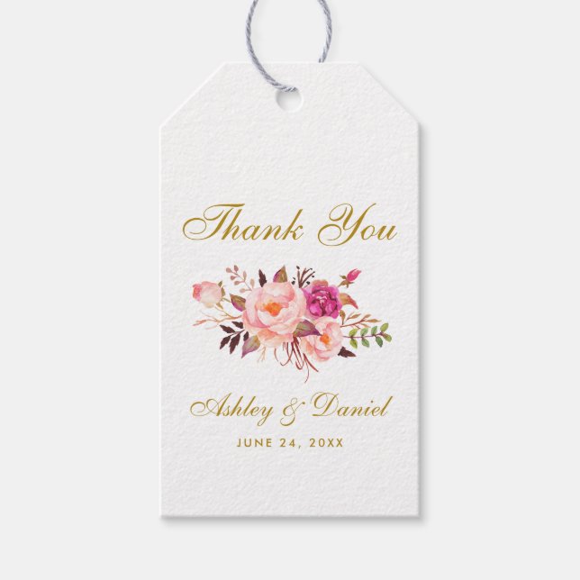 Étiquettes-cadeau Aquarelle Floral Rose Blush Gold Mariage Merci (Devant)