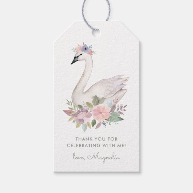 Étiquettes-cadeau Aquarelle Floral Swan Princess Anniversaire (Devant)