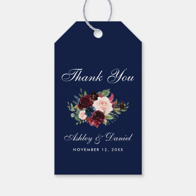 Étiquettes-cadeau Aquarelle Florale Bourgogne bleu Mariage Merci (Devant)