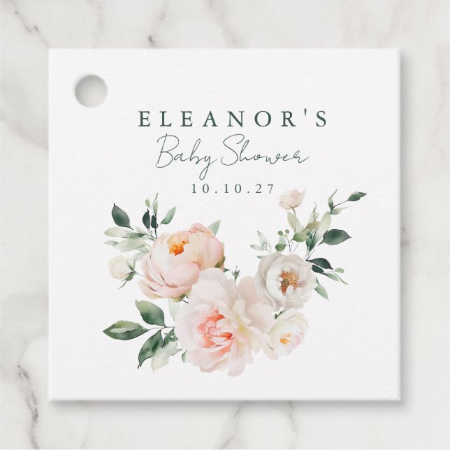 Étiquettes Cadeau Aquarelle florale de pivoine blanche Baby shower r (Devant)