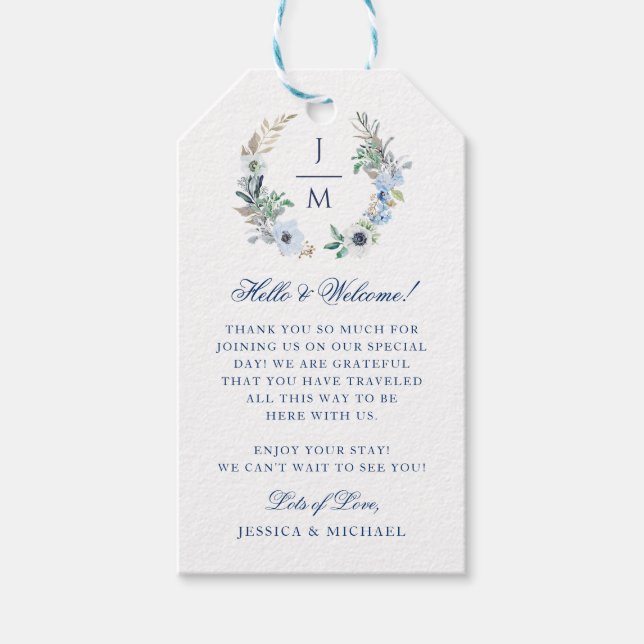 Étiquettes-cadeau Aquarelle Florale Wreath Monogramme Mariage Bienve (Devant)