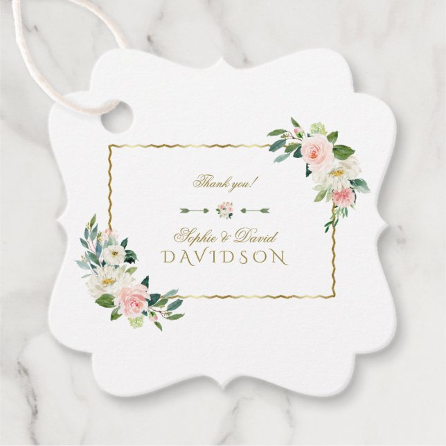 Étiquettes Cadeau Aquarelle Flush Flowers Mariage Gold Navy (Devant)