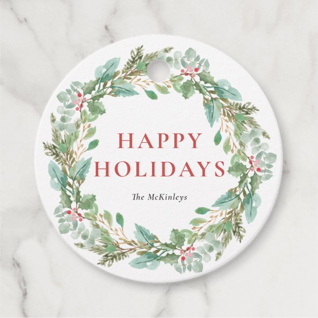 Étiquettes Cadeau Aquarelle Folio de Noël & Wreath Holly (Devant)
