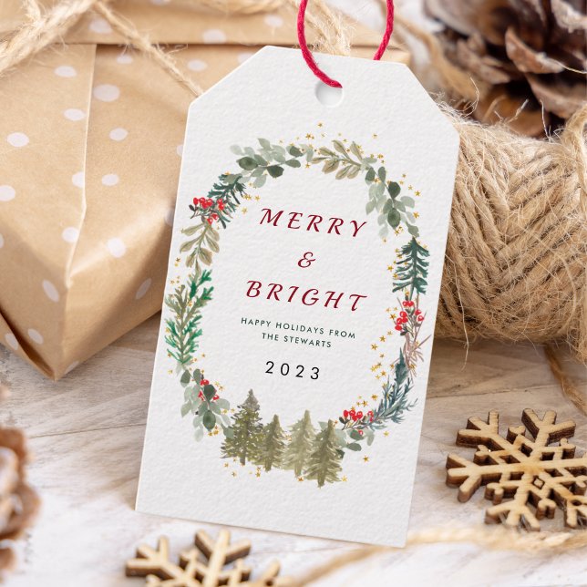Étiquettes-cadeau Aquarelle Forêt de Noël Joyeux et lumineux (Créateur téléchargé)