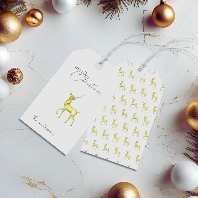 Étiquettes-cadeau Aquarelle Gold Reindeer Joyeux Noël Argent (Créateur téléchargé)