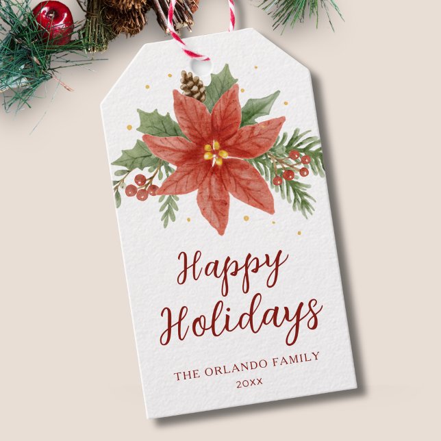 Étiquettes-cadeau Aquarelle Joyeuses Fêtes de Noël Poinsettia (Créateur téléchargé)
