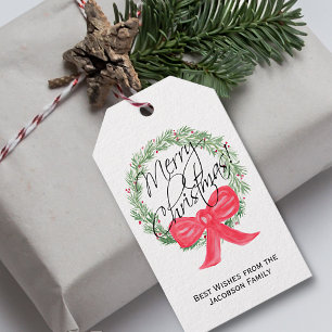 Étiquettes-cadeau Aquarelle Joyeux pin de Noël Vacances en Wreath