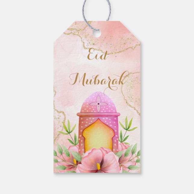Étiquettes-cadeau Aquarelle lanterne or rose Aïd Moubarak Aïd el (Dos)