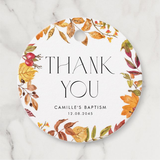 Étiquettes Cadeau Aquarelle L'automne laisse le Merci Baptême de la  (Devant)