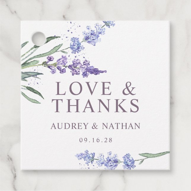 Étiquettes Cadeau Aquarelle Lavender Floral Amour & Merci Mariage (Devant)