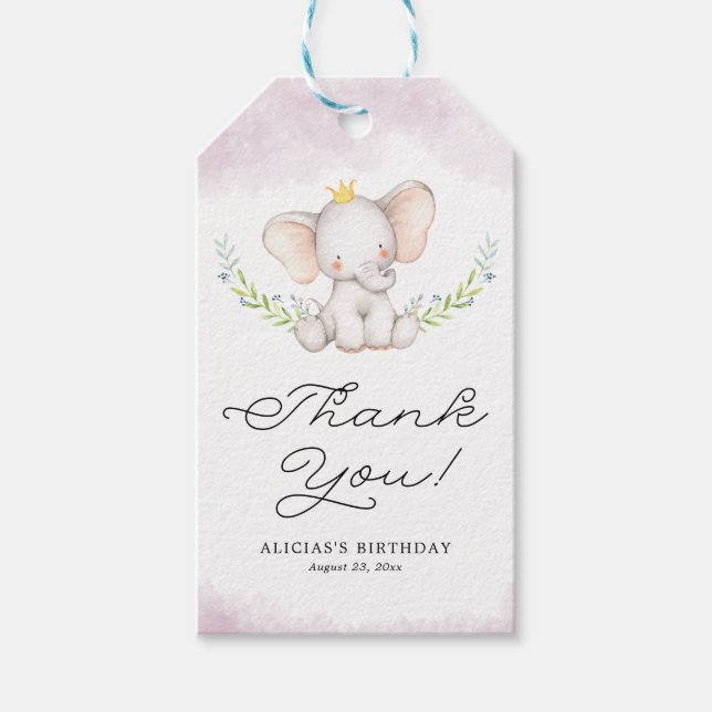 Étiquettes-cadeau Aquarelle Lilac Bébé Eléphant Anniversaire Merci (Devant)