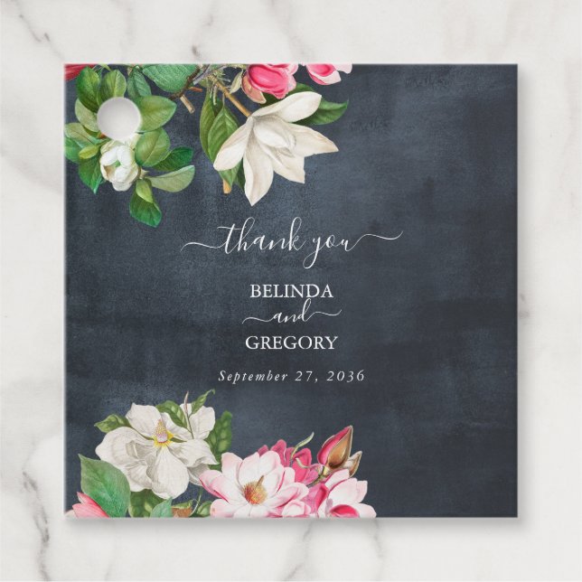 Étiquettes Cadeau Aquarelle Magnolia Fleurs Mariage Noir Blanc (Devant)